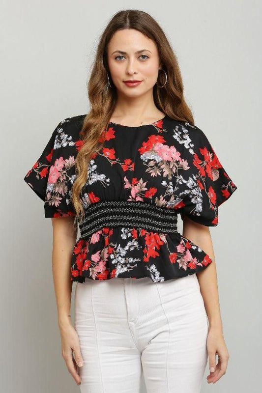 Women's Polyester Cinched Lace Waist Printed Top Artix Mart